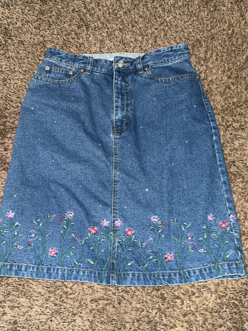 Tommy Hilfiger Blue Denim A-Line Skirt with Pink & Purple Floral Embroidery